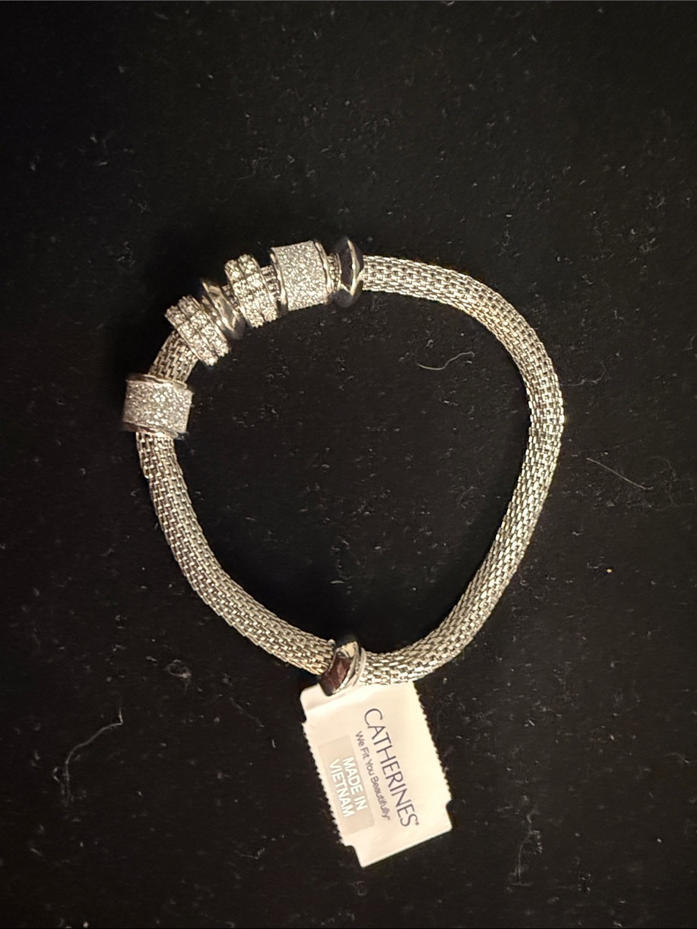 Catherines Silver-Tone Woven Mesh Bracelet with Pavé Accent Rings sz 8 1/2